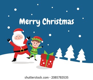 illustration vector graphic of santa claus and fairies are happy on christmas eve, showing gift box, perfect for christmas, religion, greeting card, church, etc.