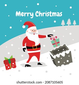 illustration vector graphic of Santa Claus is putting Christmas gifts down the chimney, perfect for christmas, religion, holiday, greeting card, etc.
