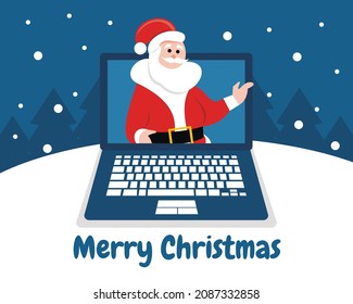 illustration vector graphic of Santa Claus is greeting inside the laptop screen, perfect for christmas, religion, church, greeting card, etc.

