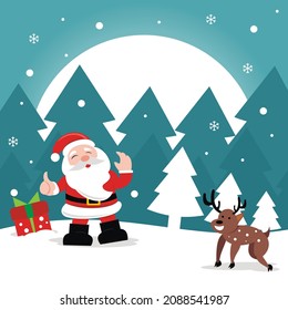 illustration vector graphic of Santa claus is bringing gifts and meets a deer on Christmas Eve, perfect for religion, christmas, holiday, greeting card, etc.

