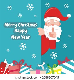 Die Vektorgrafik des Weihnachtsmannes spiegelt sich in den Weihnachtsgeschenken von hinter der Wand, perfekt für Weihnachten, Religion, Urlaub, Kirche, Grußkarte, etc. wider.

