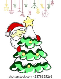 Illustration vector graphic of santa Claus with Christmas tree and hang ornaments for Christmas.