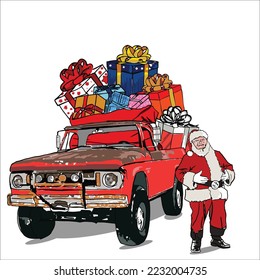
Illustration vector graphic of Santa with full truck of present boxes. 
Suitable design for event, Christmas card, wishes card, advertisement etc