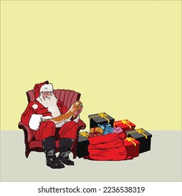 Illustration vector graphic of Santa with holding a list and a bag full of present.
Suitable design for event, Christmas card, wishes card, advertisement etc