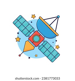 Illustration vector graphic of satellite cute design illustration with star ornament orbit, happy vibes, children friendly, cartoon style design, isolated white background.