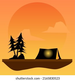 Illustration vector graphic scene of summer camp in top of hill with sunset view,flat design,cartoon style use for simple concept design,cover page,template and artwork project.