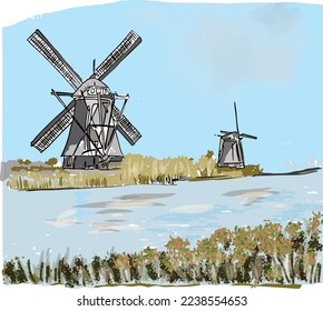 Illustration vector graphic a scenery of windmill at the river.
Suitable design for card, wishes card, advertisement etc