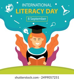 illustration vector graphic of a scholar is reading a book, perfect for international day, international literacy day, celebrate, greeting card, etc.