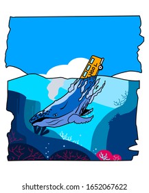 Abbildung der Vektorillustration eines Schulbusses, der ins Meer springt und sich zu einem Wal verwandelt, gut für Geschichtenbuch-Illustrationen, Umweltgrafik und Mockup etc.