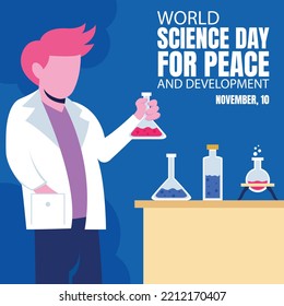 illustration vector graphic of a scientist holding a chemical bottle, perfect for international day, world science day, peace and development, celebrate, greeting card, etc.
