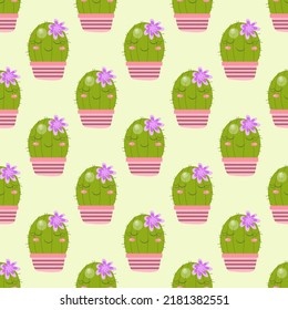 Illustration vector graphic seamless pattern cute cactus with flower. Print on cloth, fabric, linen, textile and wallpaper background