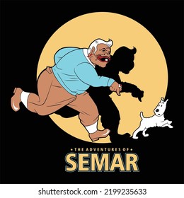 Illustration vector graphic of semar running with little dog. Semar wears clothes like tin tin. Suitable for posters, banners, t-shirts, logo, icon, etc.