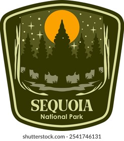 Ilustração vetorial de SEQUOIA AT THE NIGHT NATIONAL PARK BADGE LOGO DESIGN VETOR ILUSTRAÇÃO para produtos de design de vestuário, como logotipos em embalagens de produtos