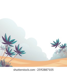 illustration vector graphic of a serene desert landscape featuring stylized palm trees, rolling sand dunes, and soft clouds. perfect for nature, travel, and middle eastern-themed designs.