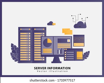 Gráfico vectorial de ilustración de la información del servidor.  página vectorial de aterrizaje isométrico del servidor del centro de datos web de la computadora. administración de servidores y elementos de equipo de servidor.