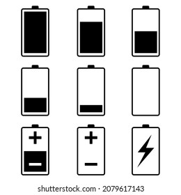 Illustration vector graphic a set of battery power icons. Black. Charging. Full battery and less. Simple flat image. Transparent background