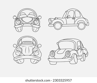 Illustration Vector Graphic Of Set Cartoon Car All Angle View Outline Coloring Book.