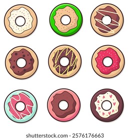 illustration vector graphic of set cartoon donuts with various flavors