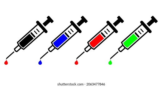 Ilustración vectorial gráfica un conjunto de iconos de jeringuillas de color. Vacuna. Virus Corona. Imagen plana simple. Fondo transparente