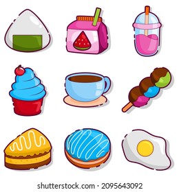 illustration vector graphic set with cute asian food icons: onigiri, juice, milkshake, cupcake, coffee, egg, Isolated on white background