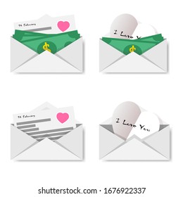 illustration vector graphic of set envelope with letter and money isolated white background, perfect for romantic or bussiness 