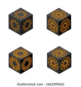 illustration vector graphic of set isometric bundle black box with gold islamic ornament, perfect for logo, symbol, element, etc