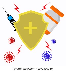 illustration vector graphic of a shield, injection and vaccine bottle to avoid the corona virus. Suitable for animation and children's education