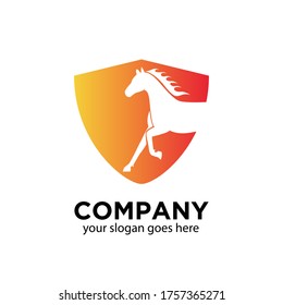 illustration vector graphic of a shield with the silhouette of a running horse isolated in white background 