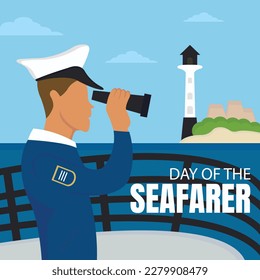 illustration vector graphic of a ship captain looking at the lighthouse tower with binoculars, perfect for international day, day of the seafarer, celebrate, greeting card, etc.