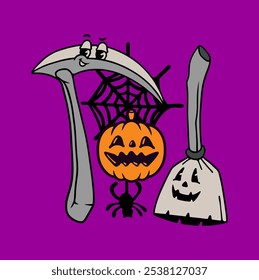 Illustration vector graphic of  SICKLE AND BROOM HALLOWEEN CARTOON CHARACTER DESIGN VECTOR ILLUSTRATION for apparel design merchandise, such as logos on product packaging