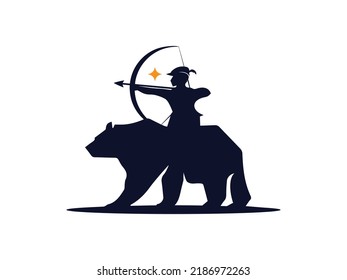 Gráfico vectorial de ilustración de oso y cazador de silueta con diseño de estilo monograma.