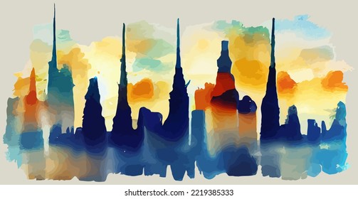 illustration vector graphic of silhouette city skyline on watercolor painting style good for print on postcard, poster or background
