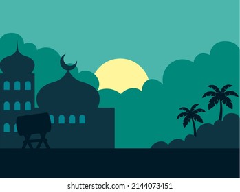 Illustration vector graphic of silhouette mosque with beautiful sky background. Concept flat design. Perfect for decoration, coverbook, web, template, icon, card, symbol, background, etc.