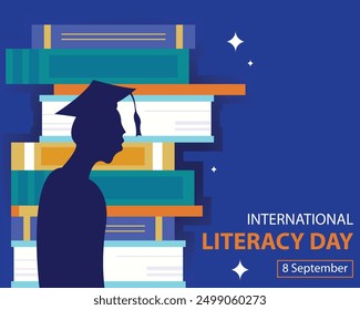 illustration vector graphic of silhouette of a scholar against the background of a pile of books, perfect for international day, international literacy day, celebrate, greeting card, etc.