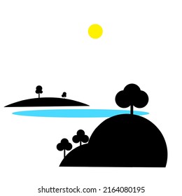 Illustration vector graphic of silhouette of trees in top off hills with some view of lake in the middle sunny day. use for simple landacape design concept and artwork