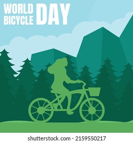 illustration vector graphic of silhouette of a woman riding a bicycle in the forest, showing mountain background, perfect for world bicycle day, transportation, sport, celebrate, greeting card, etc.