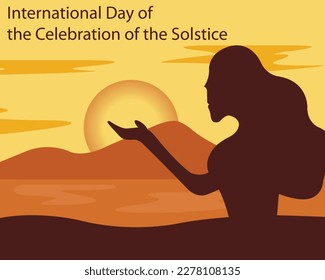 illustration vector graphic of silhouette of a woman catching the sun on the edge of the lake, perfect for international day, celebration of the solstice, celebrate, greeting card, etc.