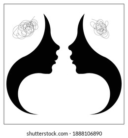 Illustration vector graphic of silhouettes of two people with complicated thoughts. Good for wall decoration