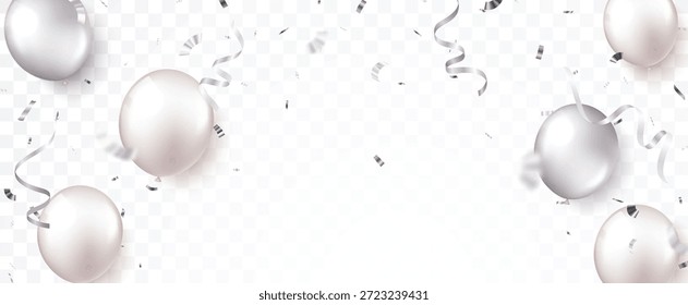 Illustration vector graphic of silver balloons, design banner with ribbons and confetti
