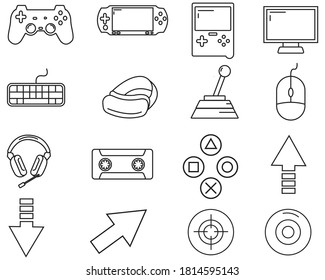 Illustration vector graphic of Simple Collection of Game Related Vector Line Icons.Contains Icons like Joystick, Console, Virtual Reality Helmet and more. Editable Stroke.