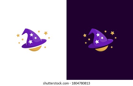 illustration vector graphic of simple, modern, unique, creative, trendy, abstract mark for combination icons wizard, magician, witch and planet logo design
