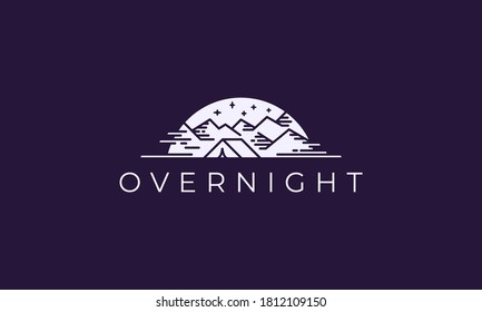 illustration vector graphic of simple, modern, flat, sophisticated, line art style, abstract mark for outdoor, camper at night logo design