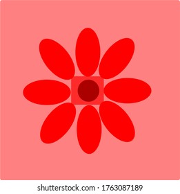 illustration vector graphic of a single sunflower with eight elliptical petals in red and with a red background