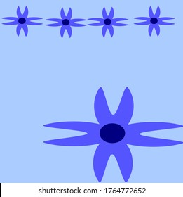 ilustración vectorial gráfico de seis flores azules que tienen cuatro pétalos donde los bordes son punteados donde uno es grande mientras que cinco son pequeños formando un diseño de concepto de línea horizontal