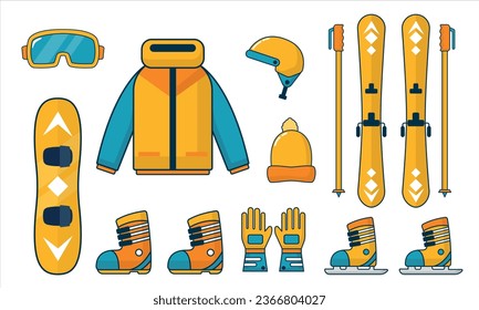 Illustration vector graphic of ski and snowboard suit set green and yellow color, flat design illustration cartoon design, snowboard, ski, winter set suit, winter sport stock icon