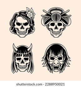 Illustration vector graphic of skull geisha bundle suitable for t-shirt design