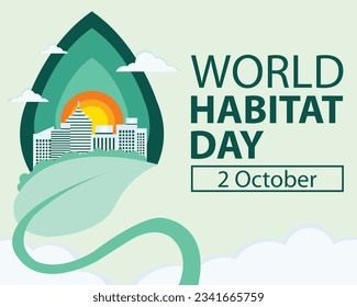 illustration vector graphic of skyscraper buildings on green leaves, showing sunrise in the background, perfect for international day, world habitat day, celebrate, greeting card, etc.