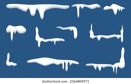 Illustration vector graphic of Snow vector caps. snowdrifts set. Snow cap vector illustration. Winter element, frame snow decoration. cartoon flat decoration with snowflakes, icicles isolated on blue.