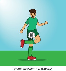 illustration vector graphic of soccerplayer at daytime. Young male sportive model training. Attacking, catching. suitable for suitable for children book, drawing book, illustration book, etc