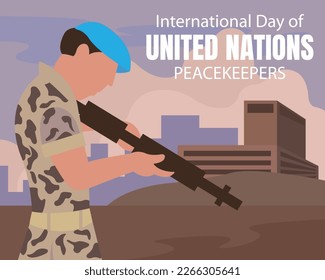 ilustración vectorial de un soldado revisa un arma en medio de un conflicto, perfecta para el día internacional, personal de mantenimiento de la paz de las naciones unidas, celebración, tarjeta de saludo, etc.